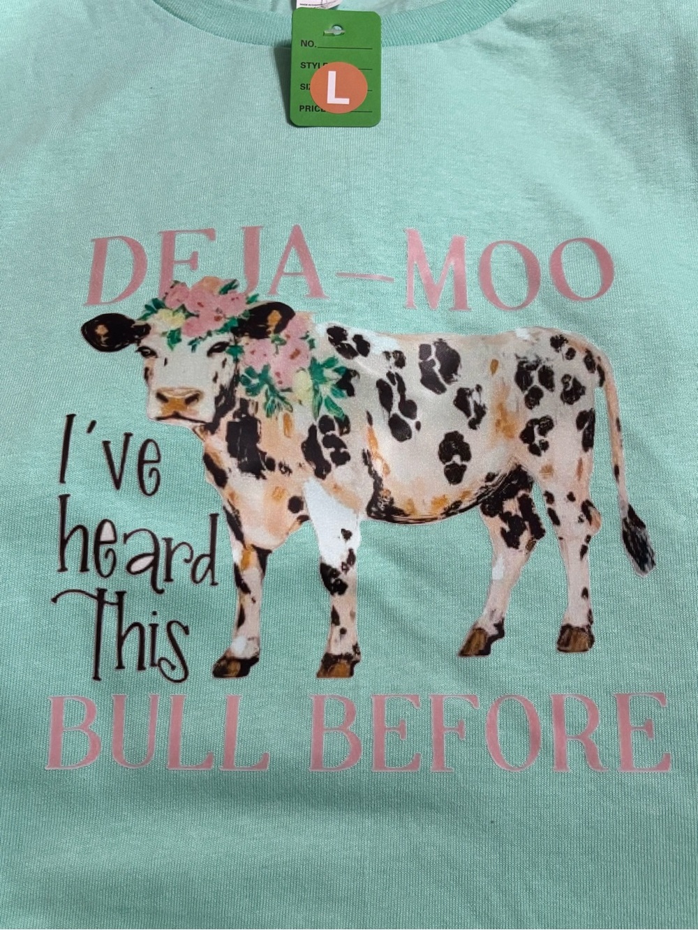 NEW Deja-Moo Graphic Tee in Mint with Pink Accents - Large